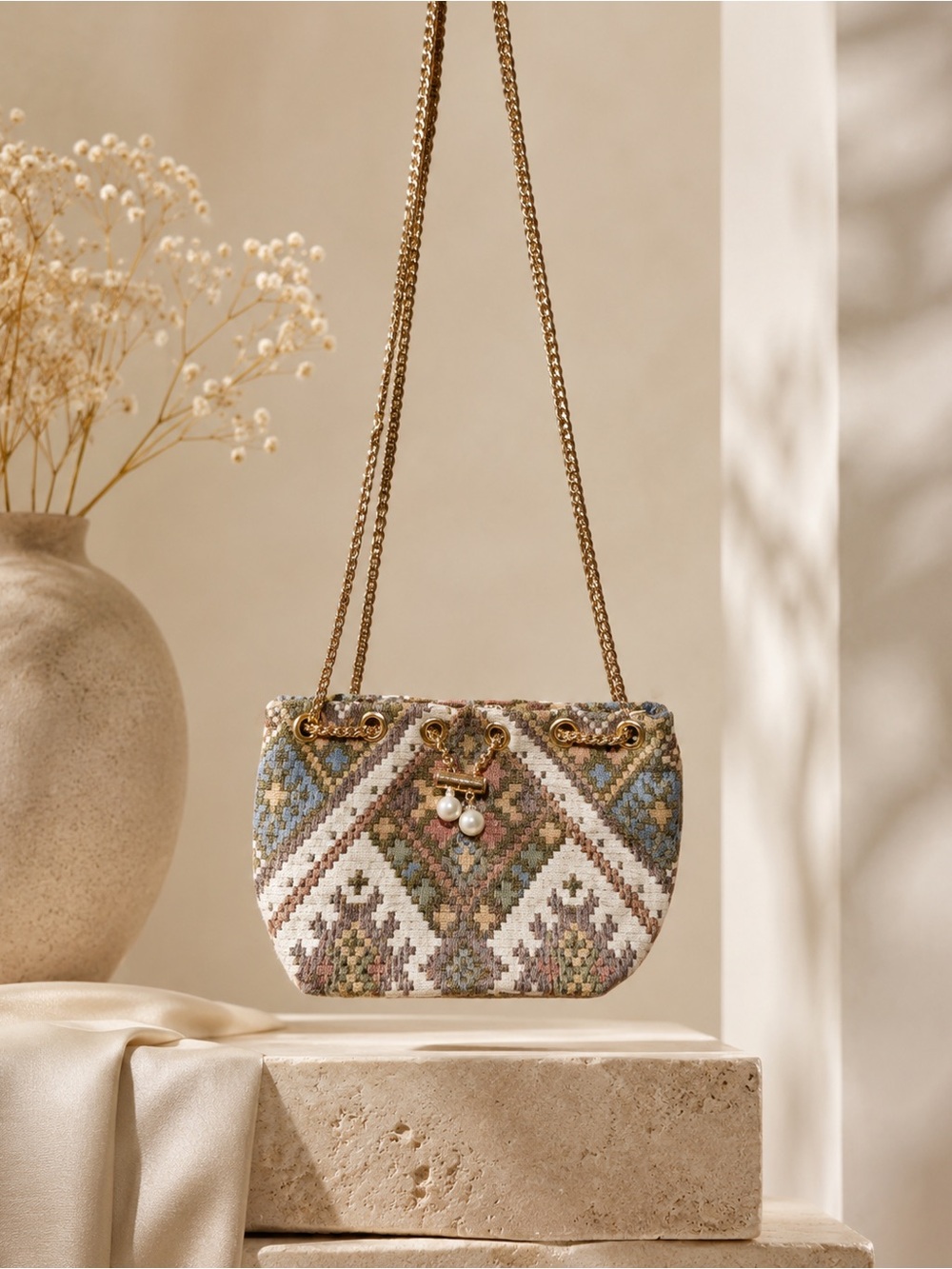 Beaded Embroidered Shoulder Bag in Multi-Color with Gold Chain